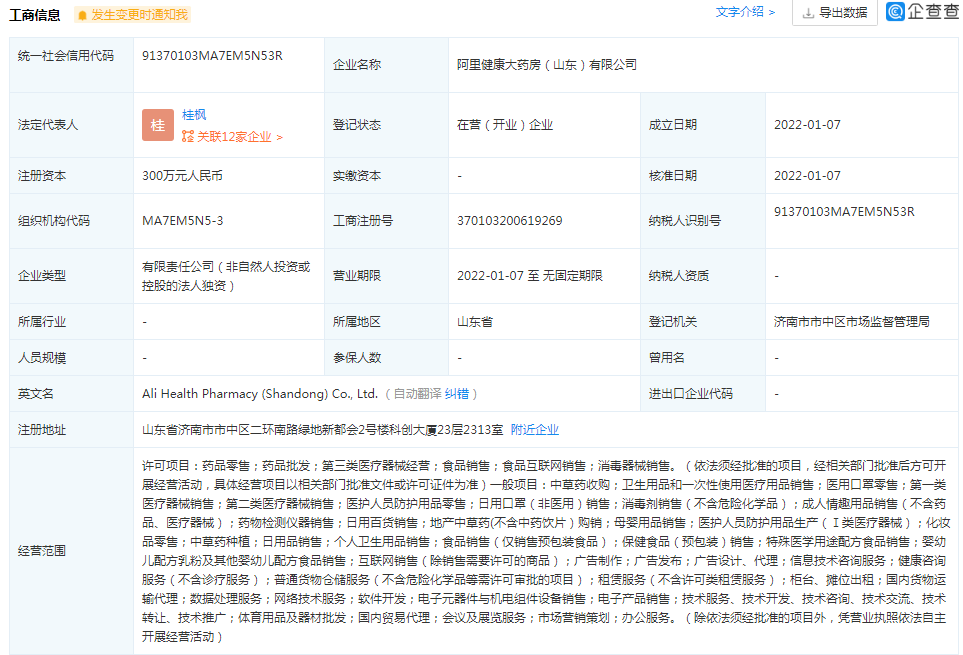 阿里健康大藥房300萬濟南設(shè)新公司，跨界布局廚具衛(wèi)具引關(guān)注